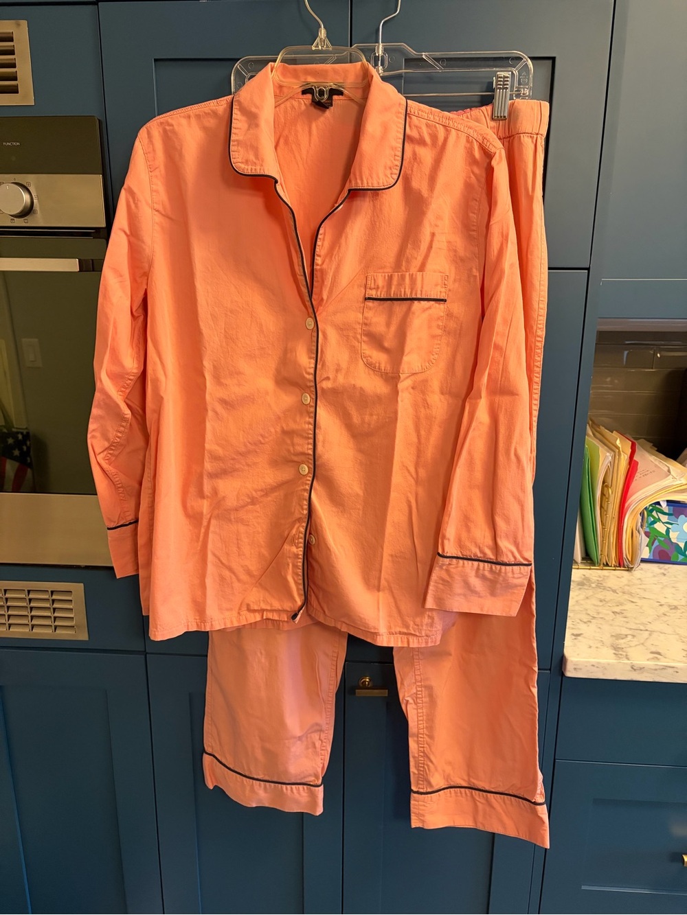 J. Crew Womens S Small Pink Pajama Set with Navy Piping 100% cotton poplin
